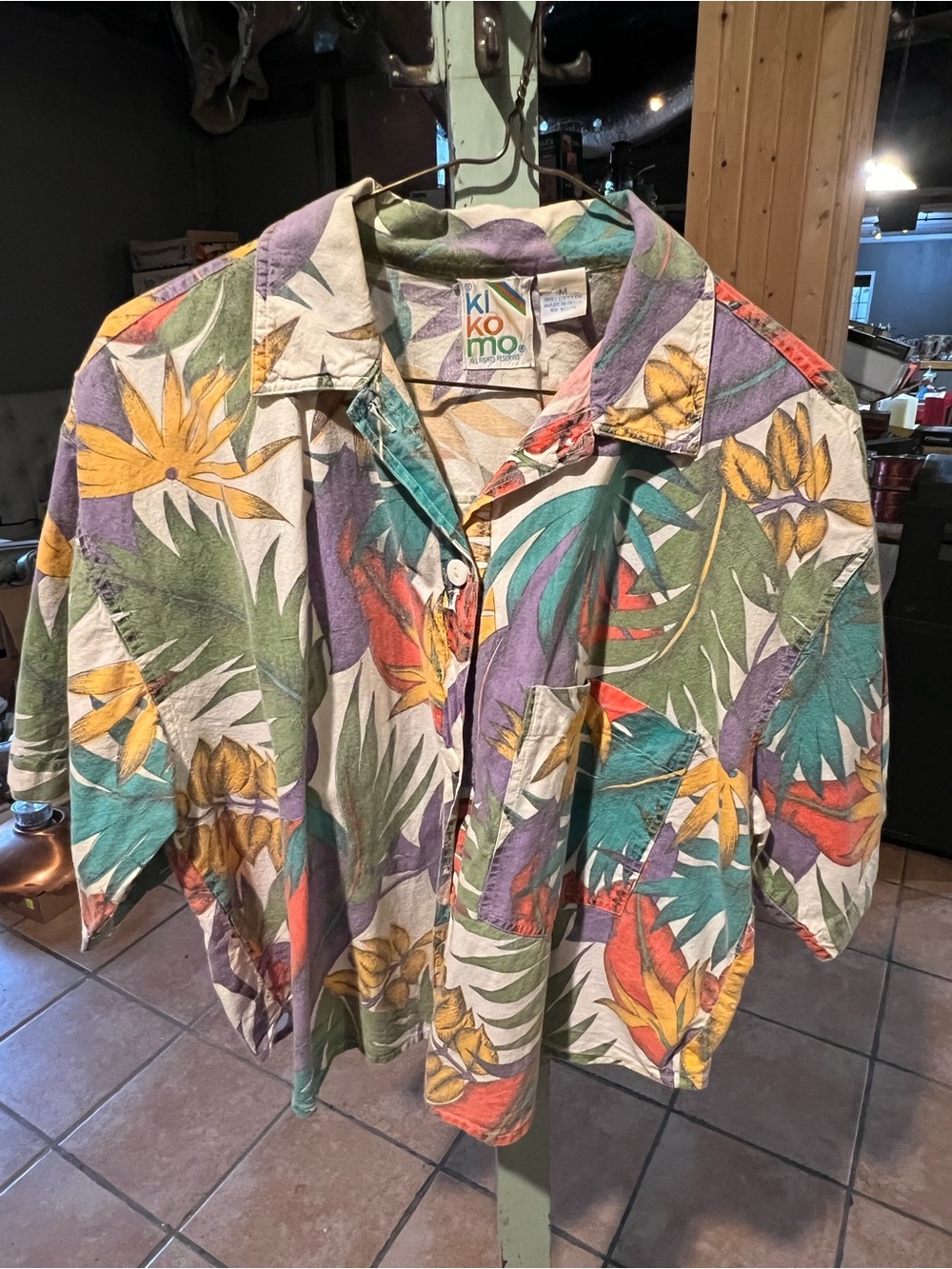 Kiko Multicolor Tropical Print Button-Down Shirt - Green, Yellow & Purple